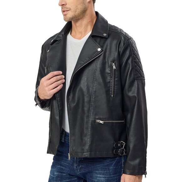 Men Black Faux Leather Bomber Jacket Lightweight Zip Up Slim Fit Coat - Picture 4 of 7